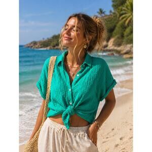 Universal Thread XS Green Gauze Shirt Tie Front Cotton Summer Beach Top
